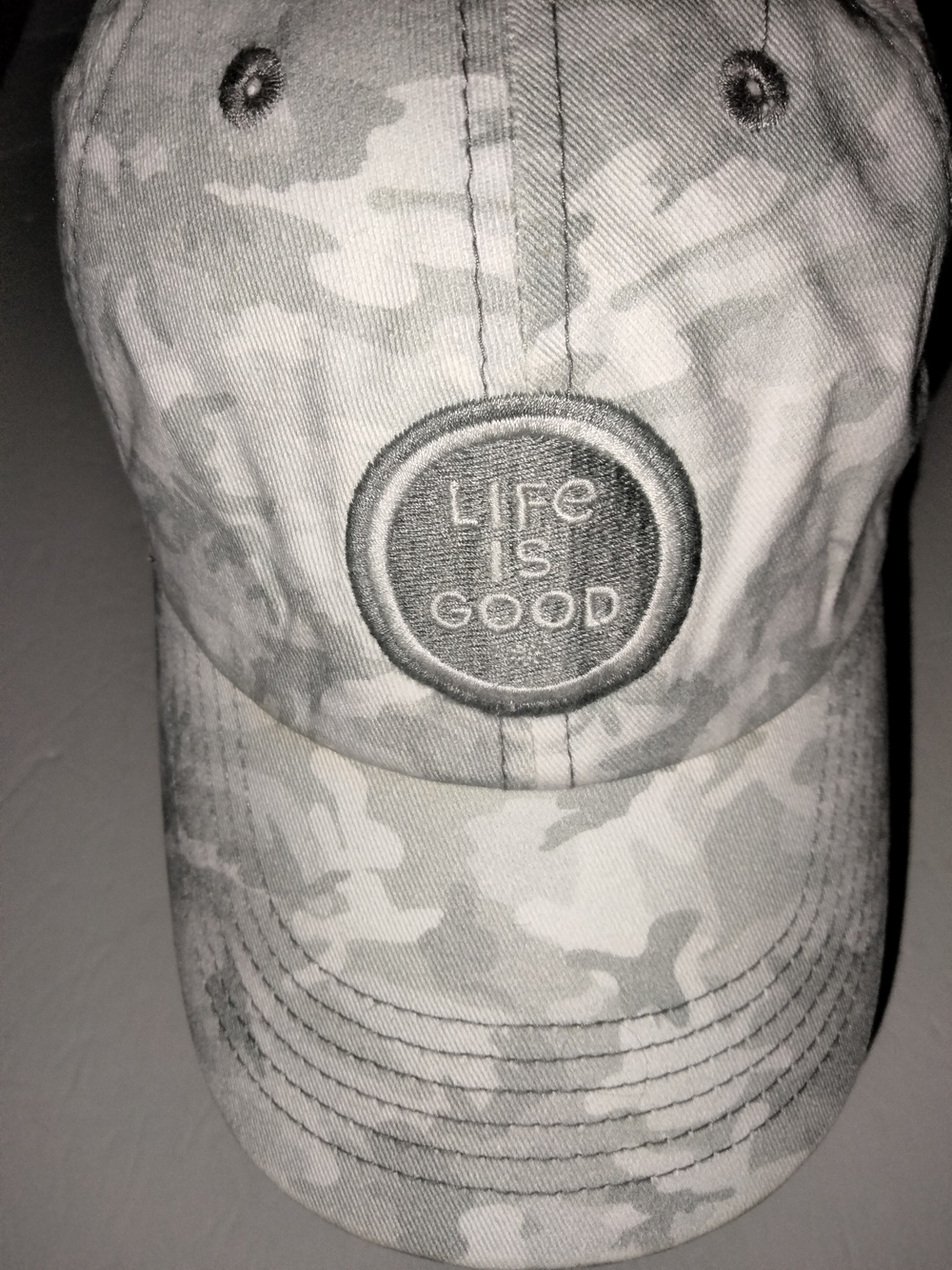 Life Is Good (Unisex) Soft Gray Camo Baseball Cap with Embroidered Logo Patch